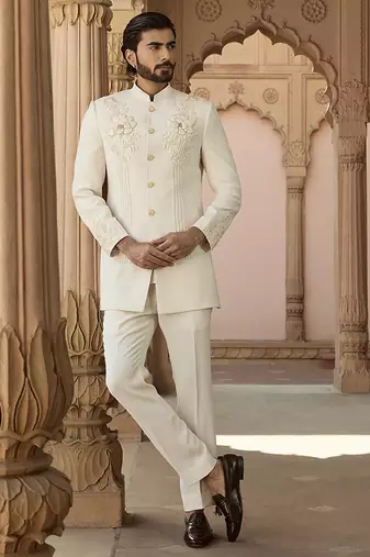 Ivory embroidered crepe silk bandhgala set