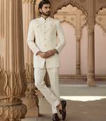 Ivory embroidered crepe silk bandhgala set
