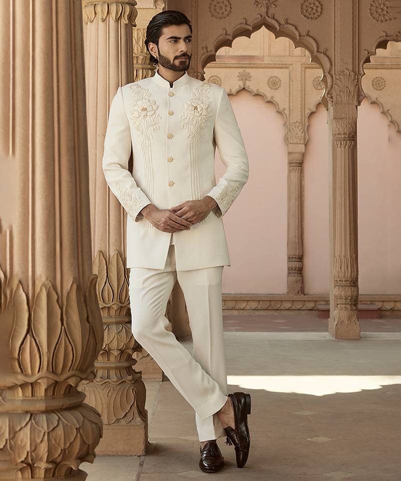 Ivory embroidered crepe silk bandhgala set