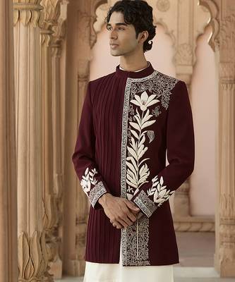 Maroon embroidered linen bandhgala set 1