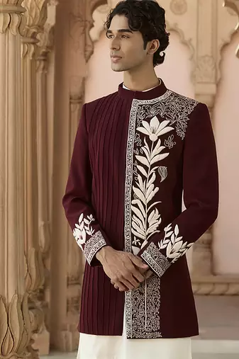 Maroon embroidered linen bandhgala set