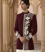 Maroon embroidered linen bandhgala set