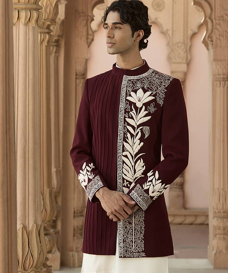 Maroon embroidered linen bandhgala set