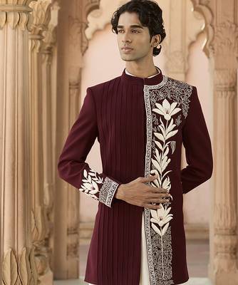 Maroon embroidered linen bandhgala set 2