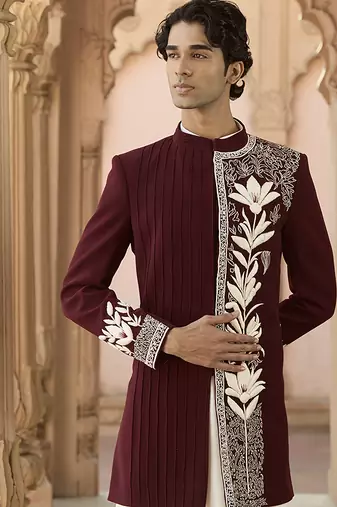 Maroon embroidered linen bandhgala set