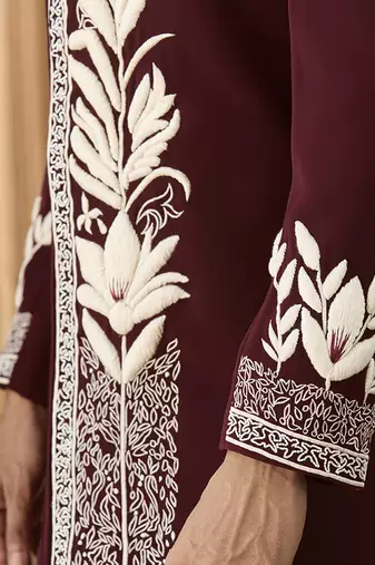 Maroon embroidered linen bandhgala set