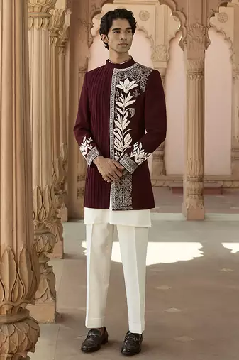 Maroon embroidered linen bandhgala set