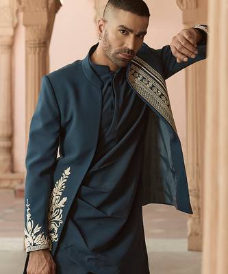 Blue embroidered linen indowestern set 2