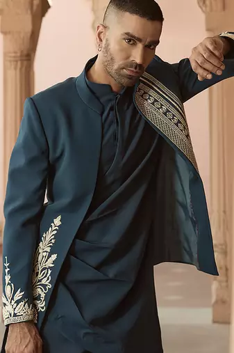 Blue embroidered linen indowestern set