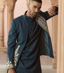 Blue embroidered linen indowestern set
