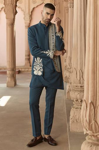 Blue embroidered linen indowestern set