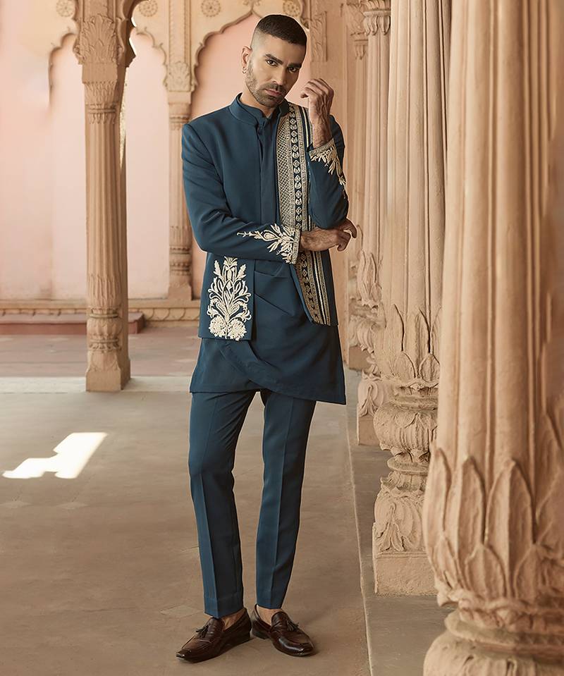 Blue embroidered linen indowestern set