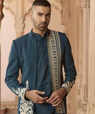 Blue embroidered linen indowestern set 3