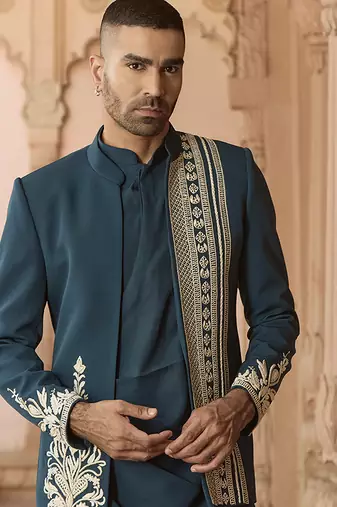 Blue embroidered linen indowestern set