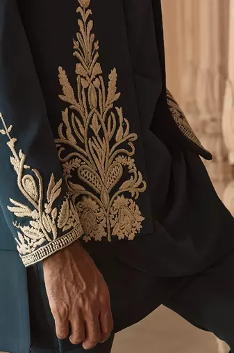 Blue embroidered linen indowestern set