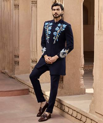 Blue embroidered linen bandhgala set 1