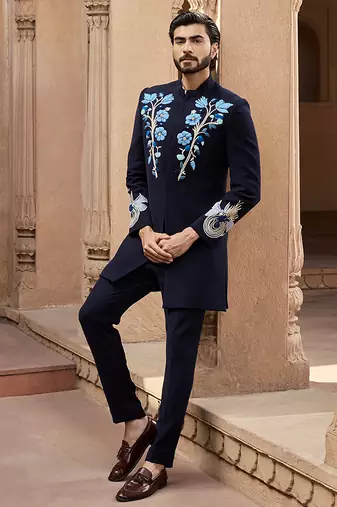 Blue embroidered linen bandhgala set