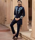 Blue embroidered linen bandhgala set