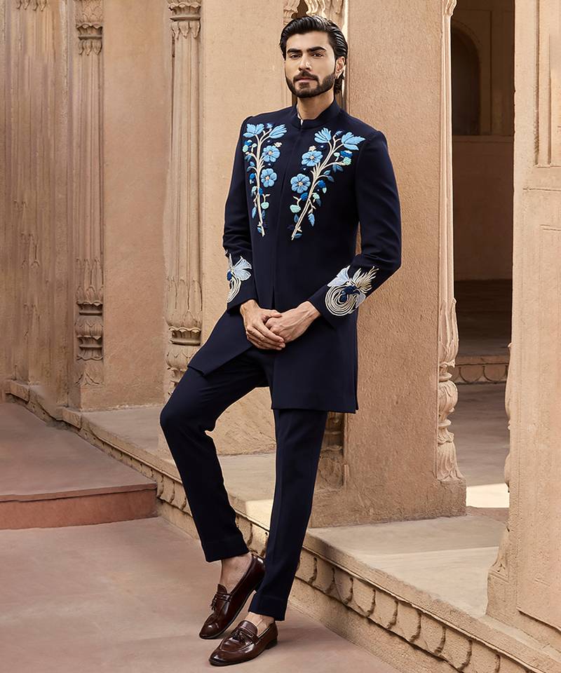 Blue embroidered linen bandhgala set