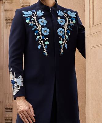 Blue embroidered linen bandhgala set 2