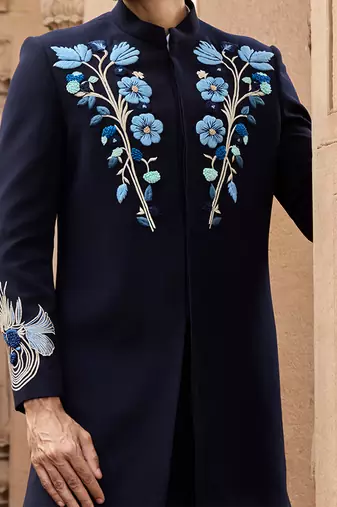 Blue embroidered linen bandhgala set