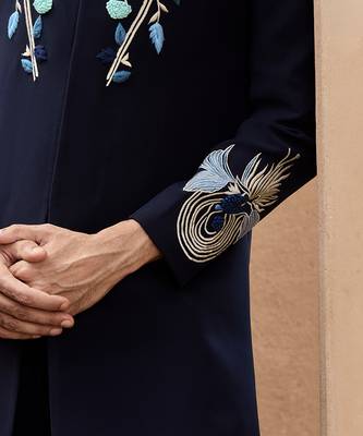 Blue embroidered linen bandhgala set 3