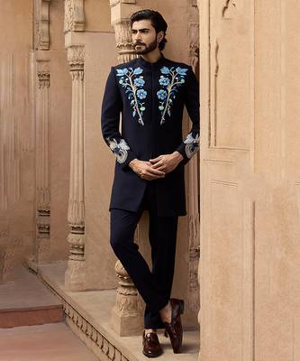Blue embroidered linen bandhgala set 4