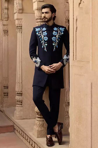 Blue embroidered linen bandhgala set