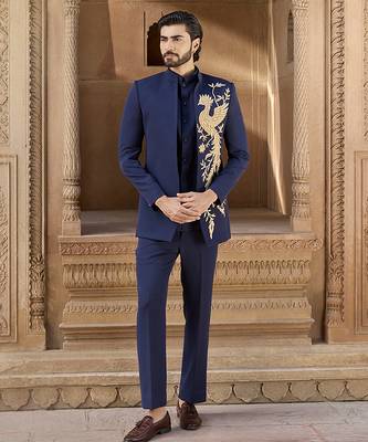 Blue embroidered linen indowestern set 1