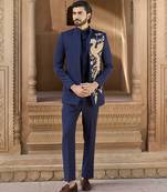 Blue embroidered linen indowestern set