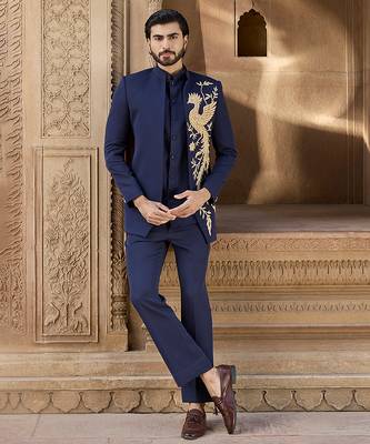 Blue embroidered linen indowestern set 2