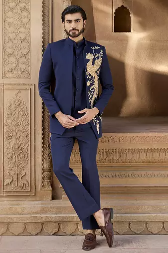 Blue embroidered linen indowestern set