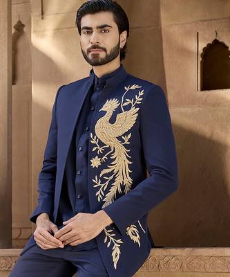 Blue embroidered linen indowestern set 3