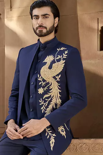 Blue embroidered linen indowestern set