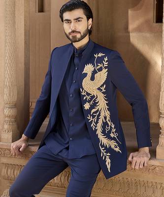 Blue embroidered linen indowestern set 4