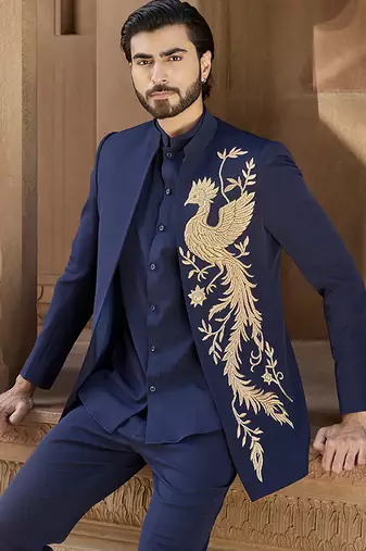 Blue embroidered linen indowestern set