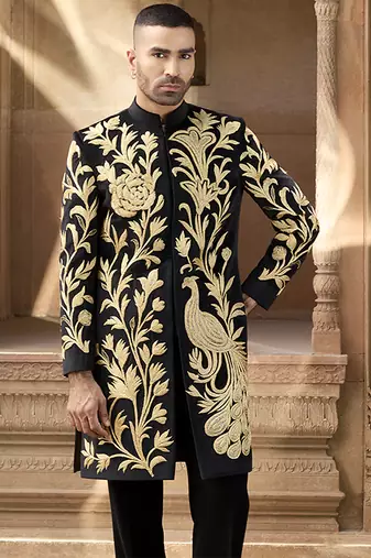 Black embroidered velvet indowestern set