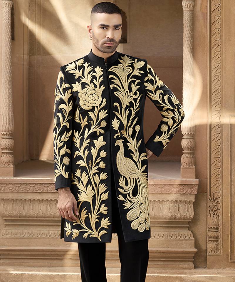Black embroidered velvet indowestern set