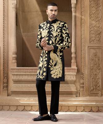 Black embroidered velvet indowestern set 2