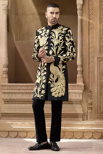 Black embroidered velvet indowestern set
