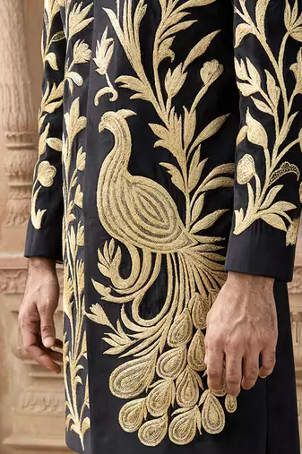Black embroidered velvet indowestern set
