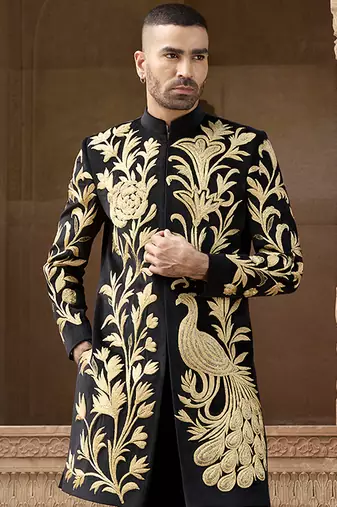 Black embroidered velvet indowestern set