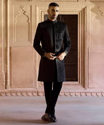 Black embroidered linen indowestern set 1