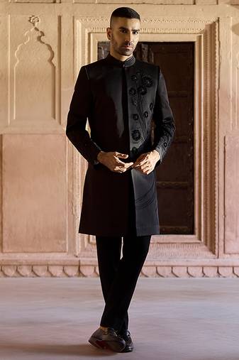 Black embroidered linen indowestern set