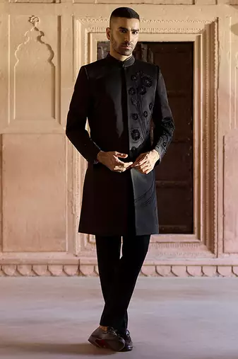Black embroidered linen indowestern set