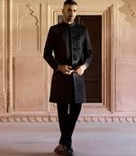 Black embroidered linen indowestern set