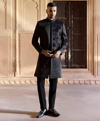 Black embroidered linen indowestern set 2