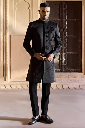 Black embroidered linen indowestern set