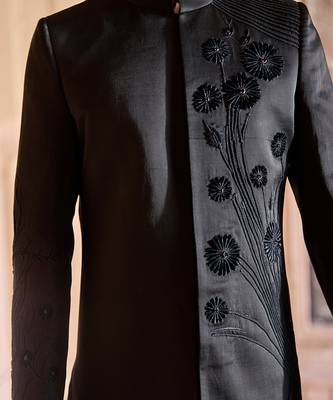 Black embroidered linen indowestern set 3