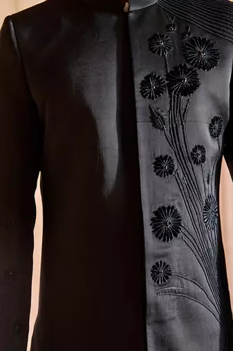 Black embroidered linen indowestern set